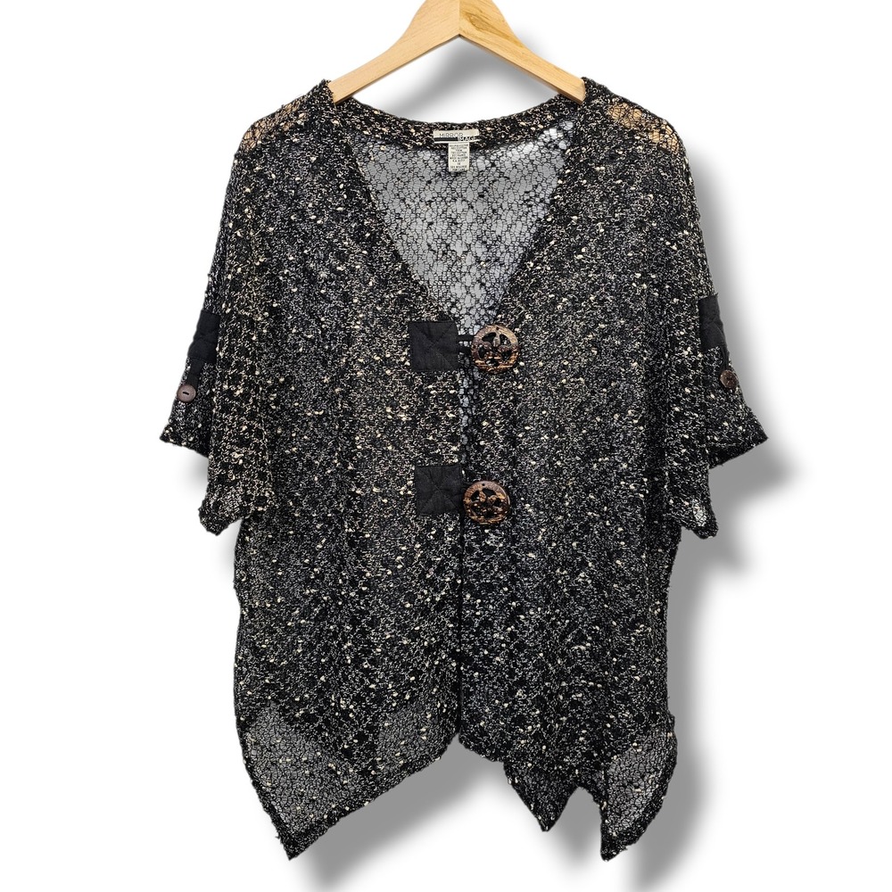 Vintage Cardigan 1X Black Open Knit Asymmetrical Earthy Lagenlook Artsy Y2K 90s